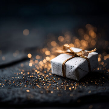 Small white gift box wrapped with gold ribbon on dark surface, a elegant