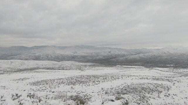 Wide view of snow-covered desert mountains under cloudy sky