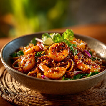 Spicy thai style shrimp pasta in a rustic bowl with flavorful stir-fried seafood