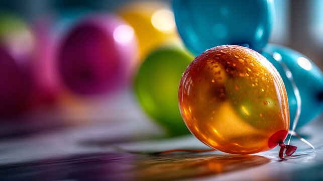 Single balloon with water droplets resting on a reflective wooden surface