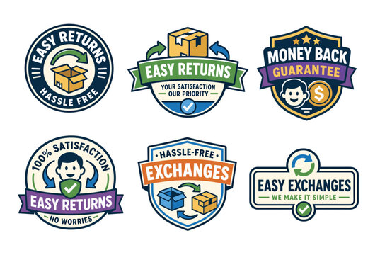 Various easy return policy and money back guarantee emblems arranged in a decorative vector set, depicting parcel boxes, circular exchange arrows, happy customer face, and dollar coin in a vintage bad