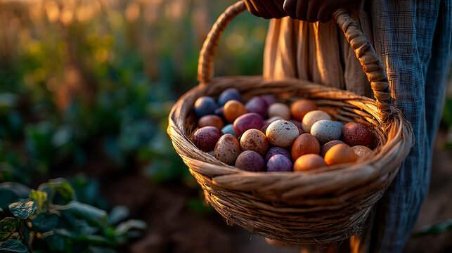 Person carrying a woven basket full of assorted fresh farm eggs outdoors with livestock