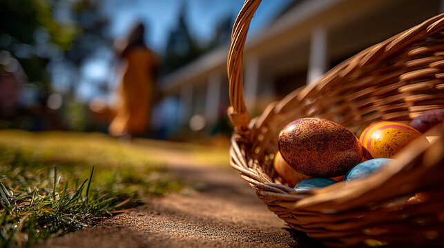 Wicker basket filled with colorful easter eggs placed on a sunny garden path
