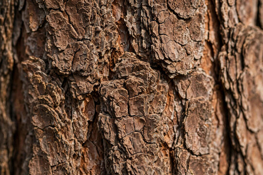 Close-up macro texture of rough pine bark, brown tree bark surface with deep cracks