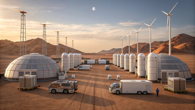 Mars settlement infrastructure concept showing futuristic domes, wind turbines, and vehicles on desert landscape