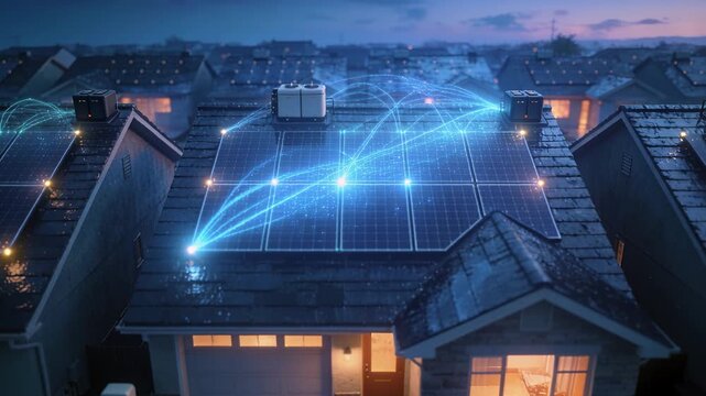 Activating house inverter and panels at dusk lighting nodes arcs routing energy to EV and homes