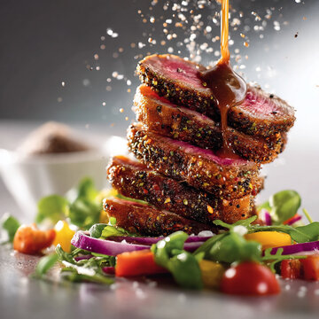 Stack of grilled beef slices seasoned with herbs topped with pouring savory sauce