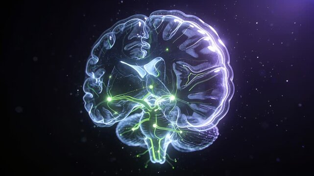 Animating stylized brain pulsing green pathways and nodal points with sequence starting in CGI void