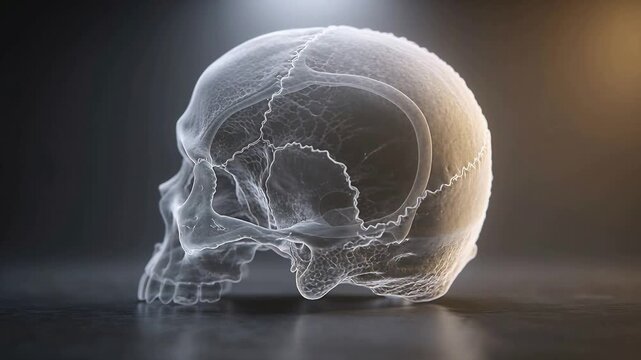 Camera starting, rotating glass skull revealing cranial sutures at studio table