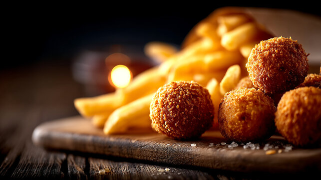 Golden crispy fried meatballs served with potato french fries on a rustic wooden board