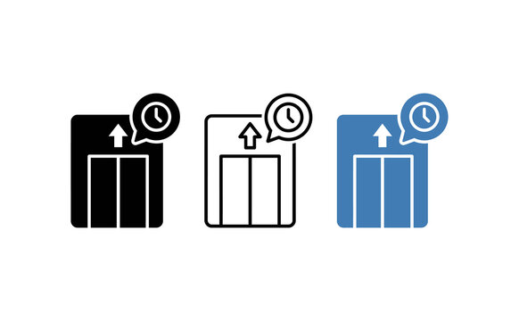 Elevator waiting time icons, lift door symbols with clock and arrow, building navigation signs, set of three elevator graphics for wayfinding