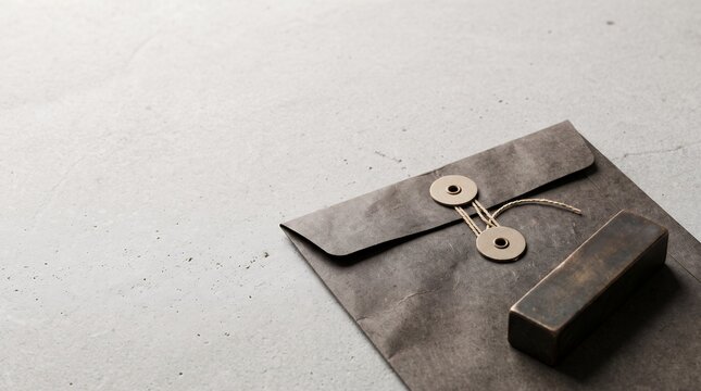 Vintage string tie envelope with metal paperweight on stone surface with copy space