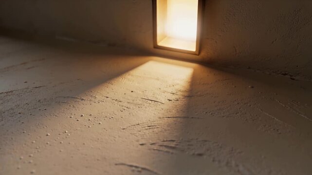 Tilting camera revealing warm rectangular opening casting beam on wall with trowel marks in alcove