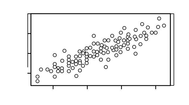 Black and white scatter plot illustration with many data points showing a positive correlation, isolated on white background.
