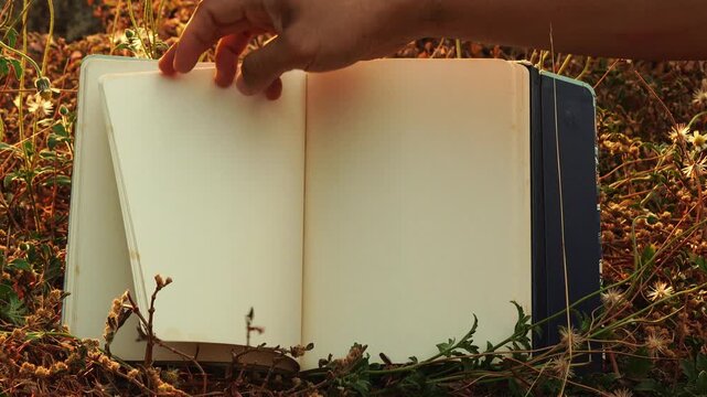 Hand turning pages of an empty open notebook on wild grass during golden hour sunset
