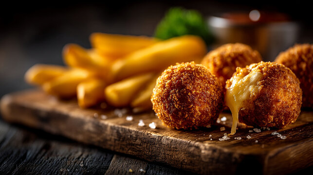 Crispy fried cheese croquettes with golden potato wedges served on wooden serving board