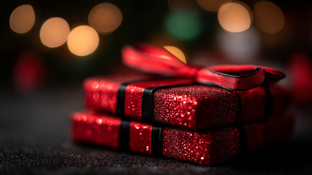 Glittering red gift boxes tied with ribbon against a dark blurred festive bokeh