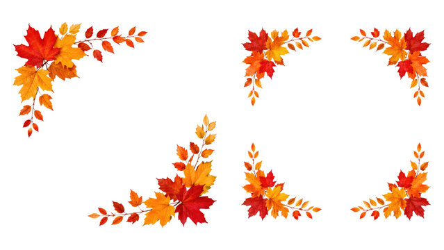 Four decorative autumn maple leaf corner and wreath frames in orange, red and yellow on a transparent background