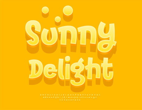 Vector Joyful badge Sunny Delight. Summer Yellow 3D Font. Creative set of Playful Alphabet Letters and Numbers.