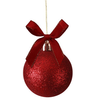 Red shiny  christmas ball and bow ribbon isolated on transparent background


