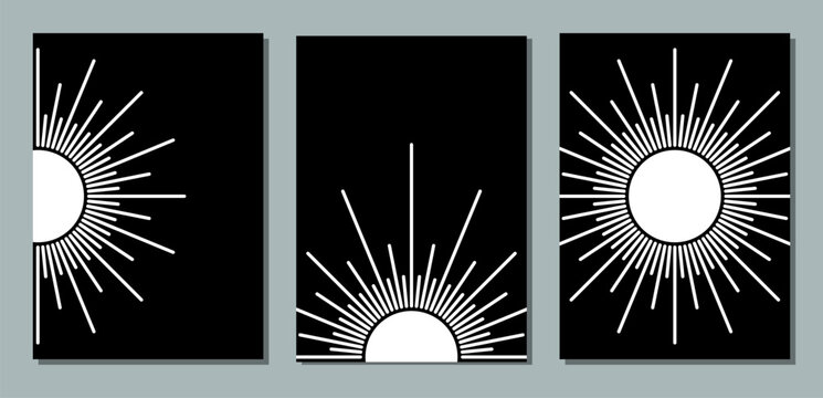 boho style sun symbol, bohemian sunset or sunrise line art icon, modern style sun rays stroke symbol, minimalistic style geometric shape
