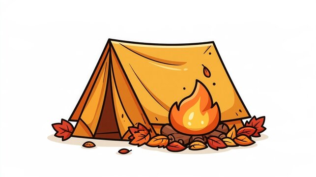 Illustration - Cozy autumn camping tent with campfire and fall leaves