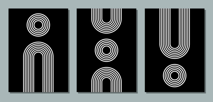 minimal geometric poster set, modern pop art prints, 3 a4 cover collection, white lines on black background