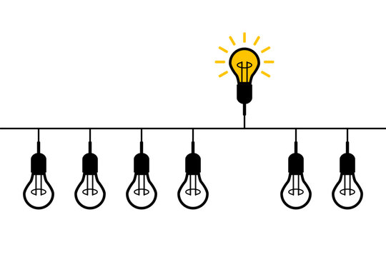 yellow bright lightbulb one side and white switched off other side, leadership concept
