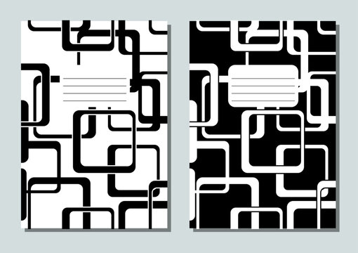 black and white brochure cover vector template, education notepad or science catalog design, four monochrome posters set stock illustration