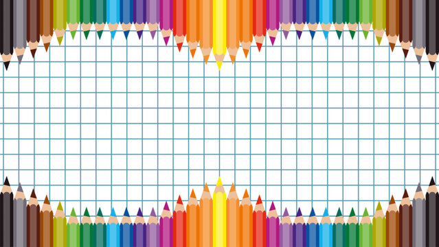 colorful pencils on squared paper sheet, social media back to school post template, new academic year or semester poster mockup, education flat style vector rounded frame