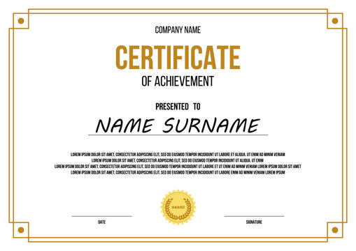 certificate of achievement vector template, vintage frame on white background, ready to print a4 paper corporate award mockup