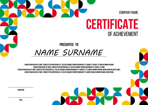 certificate of achievement vector template, colorful geometric shapes on white background, ready to print a4 paper kindergarten or school award mockup