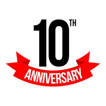 10th anniversary celebration label, ten years jubilee congratulation card vector template, happy birthday sign, event invitation