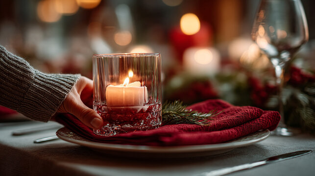 Person holding a burning candle in a glass holder at a dining table with depth of field