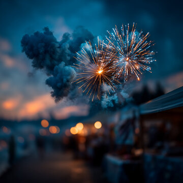 Bright colorful fireworks illuminating the sky above a festive evening promenade