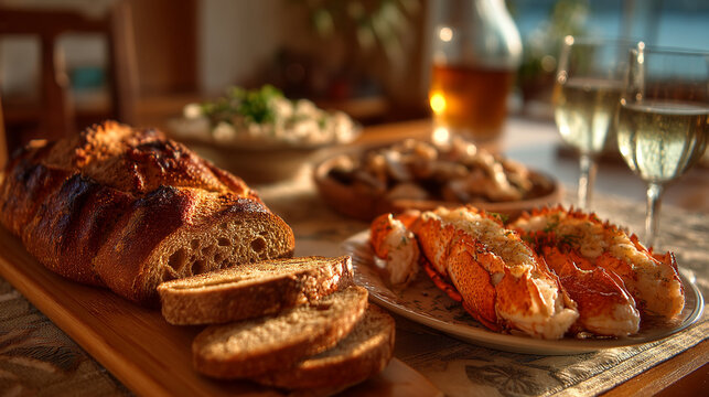 Rustic table set with freshly baked bread and glasses of white wine for dinner