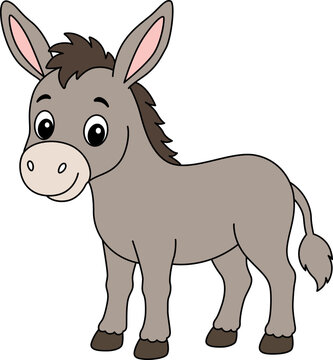 Cute donkey cartoon character, friendly gray burro vector illustration, happy farm animal mascot for children education and storybooks