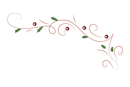 Holly Berry Divider, Red curved festive border with green leaves and decorative curls for Christmas cards and seasonal stationery