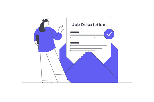Duties Job Description HR Recruitment and Employee Role Requirements. Female Specialist Pointing at Job Description Document Paper inside Envelope with Approved Check. Flat Cartoon Vector Illustration
