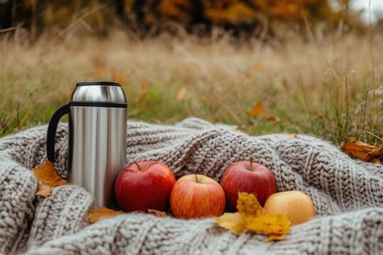 Knitted blanket, crisp apples and a warm thermos create a cozy autumn picnic in the countryside