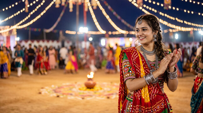 Young Indian woman in chaniya choli smiling and clapping at Navratri Garba night festival