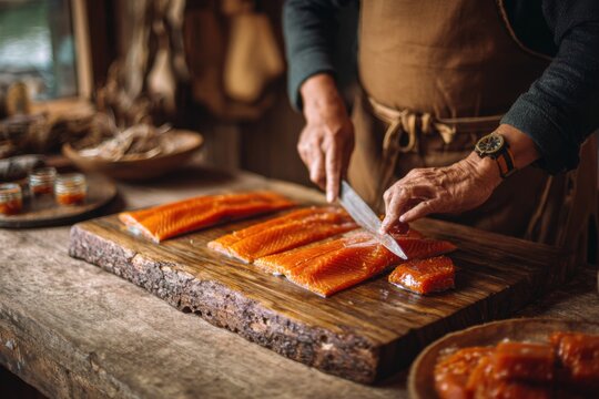 Careful hands slice sweet-glazed salmon on a weathered cutting board in a rustic kitchen setting
