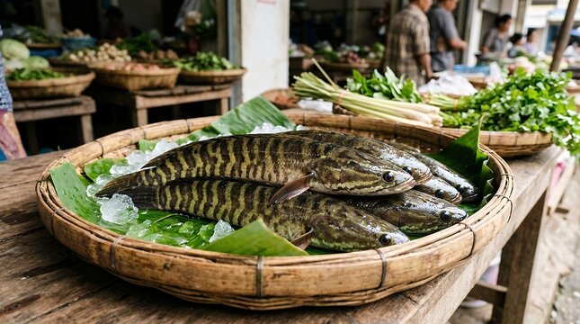 Fresh raw striped snakehead freshwater fish displayed in woven market basket ready for sale in local traditional food grocery shop representing culinary seafood ingredient nutrition and aquaculture