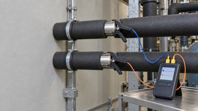 Thermocouple pipe clamp sensors connected to meter measuring pipe temperature