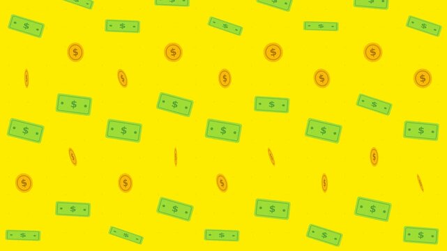 Animated falling dollar bills and gold coins on yellow background