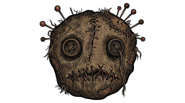 Voodoo doll crafted from coarse brown fabric featuring button eyes and multiple pins stuck into its round head.