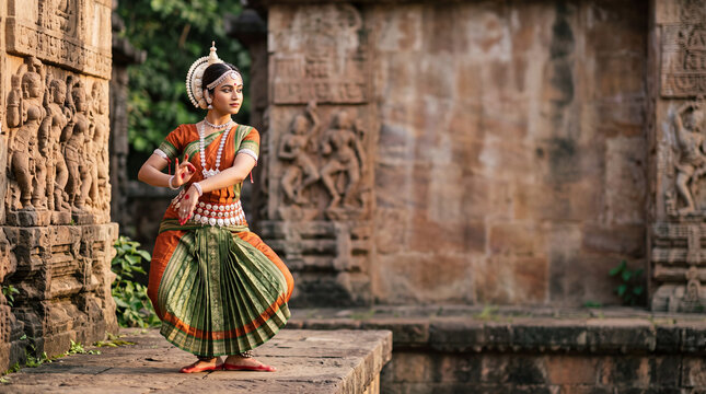 Young Indian woman Odissi dancer posing at ancient carved stone temple with copy space on right