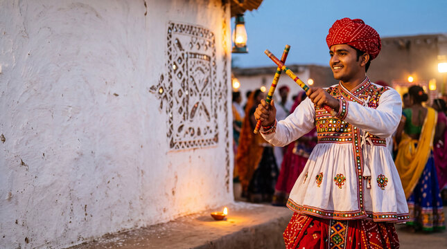 Young Indian man in traditional kediyu dancing Dandiya Raas with sticks at Navratri festival evening with copy space on left