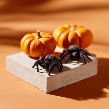 Two miniature pumpkins with black toy spiders on stone block surface