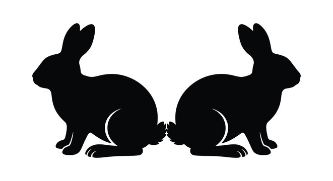 Two rabbits facing each other a black silhouette on a white background